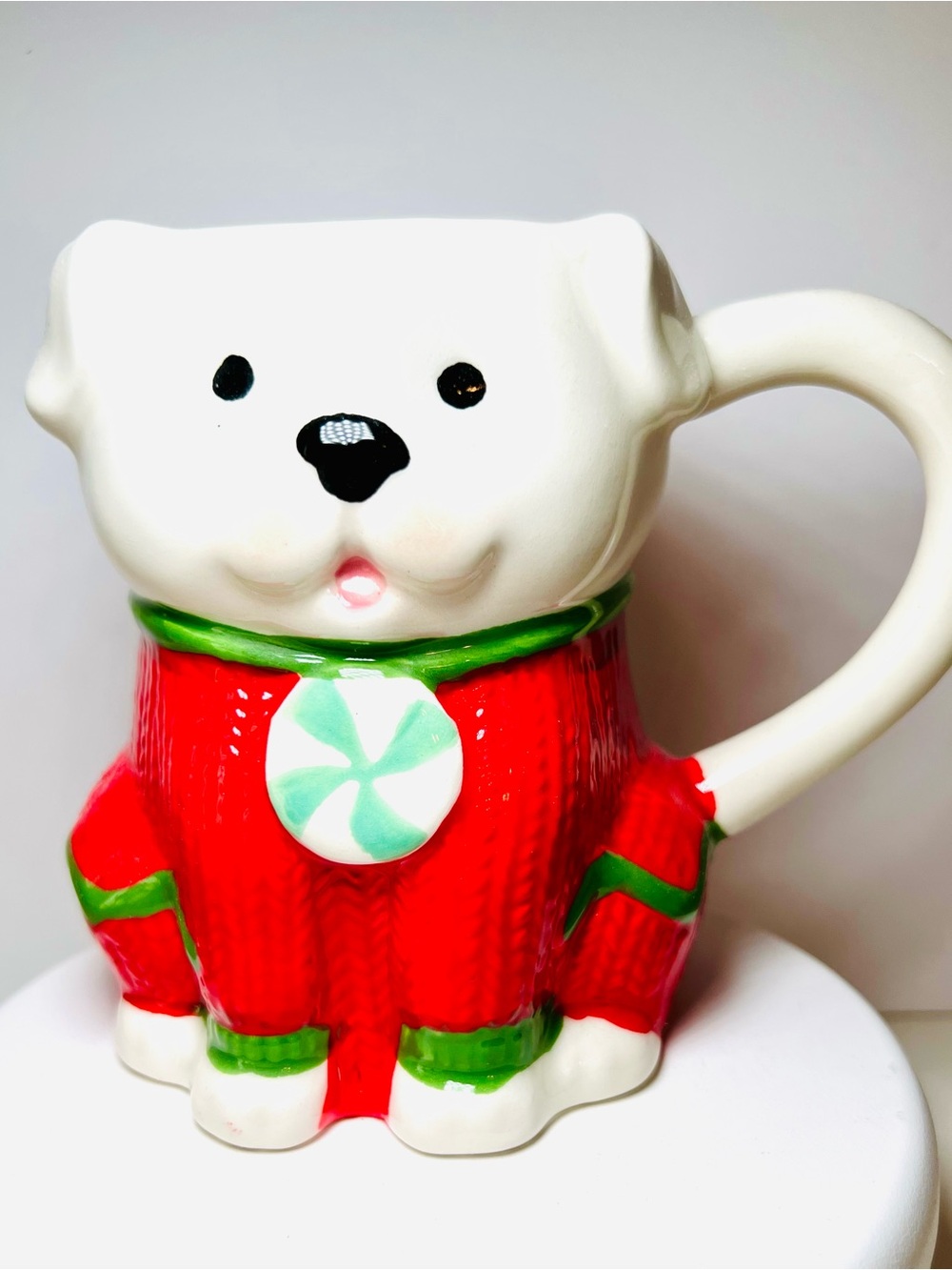 Christmas Puppy Dog Shaped Ceramic Mug Wearing Red Holiday Sweater